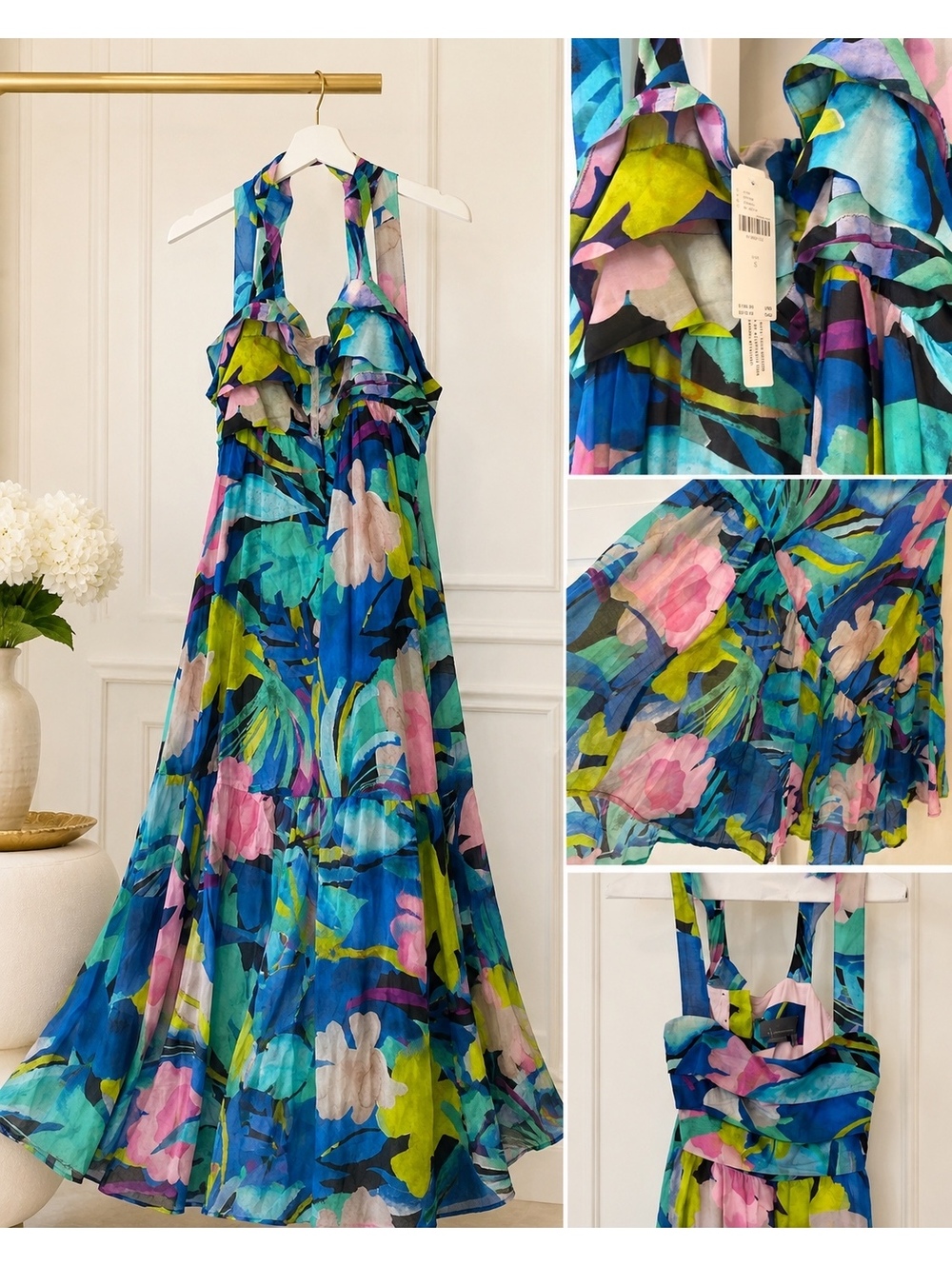 Anthropologie Floral Ruffle Halter Maxi Dress NWT Size Small